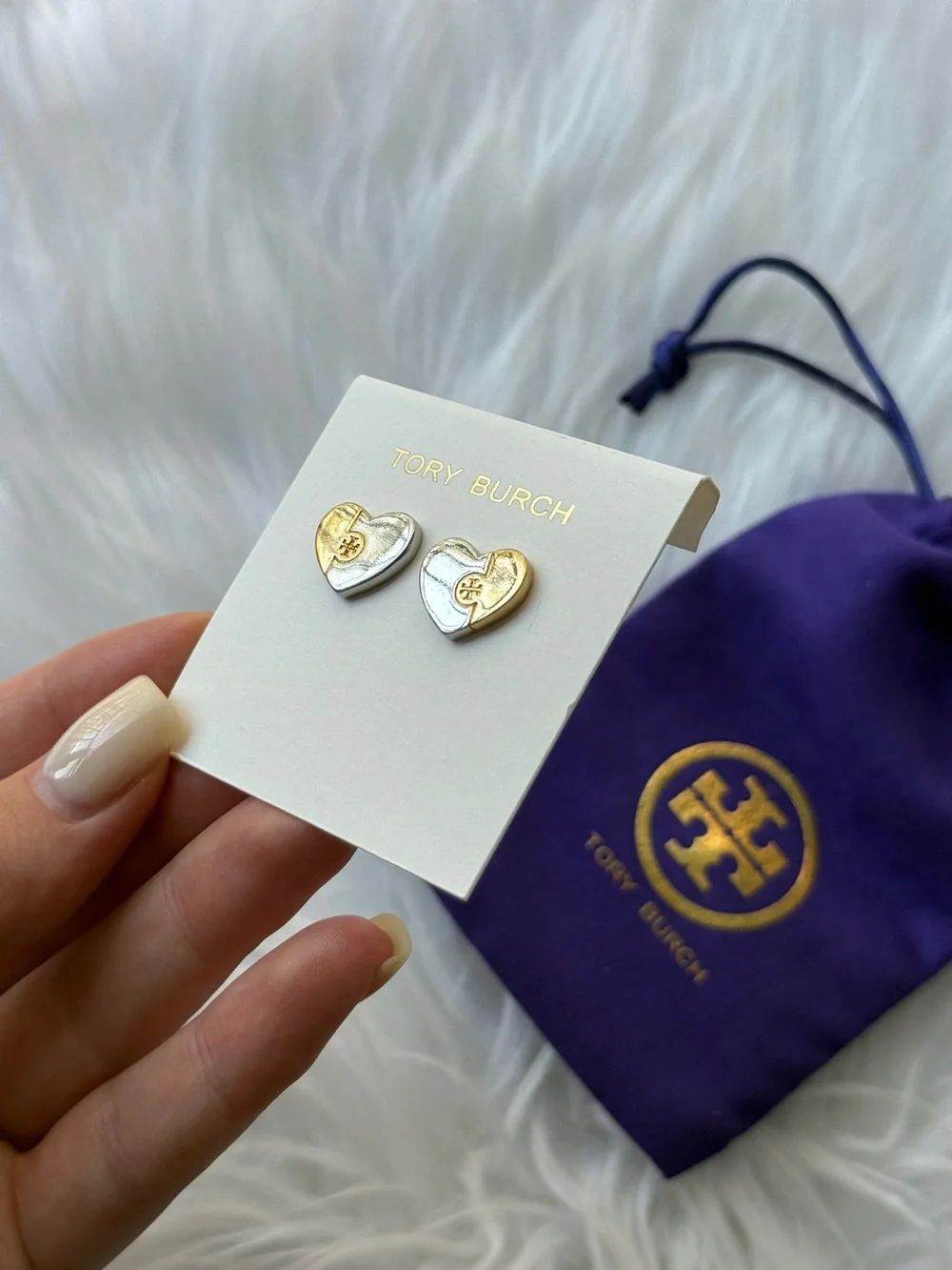 Tory Burch Gold and Silver Heart Stud Earrings New